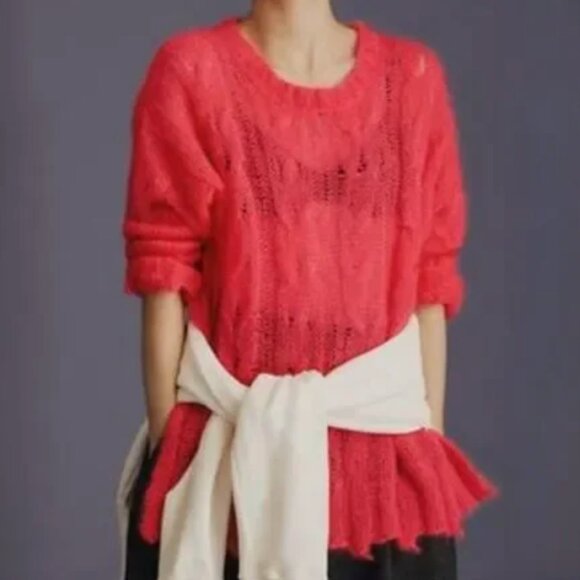 ANTHROPOLOGIE ANTHRO Posey Stitchy Distressed Sweater Neon Pink Oversized WOOL - Picture 5 of 16